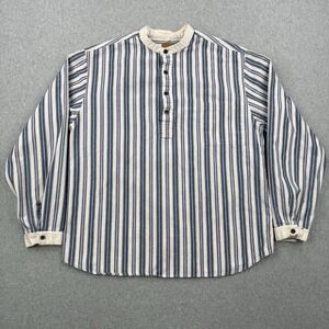 Vintage Wah Maker Shirt Mens Large Blue Striped Band Collar Western Made In USA